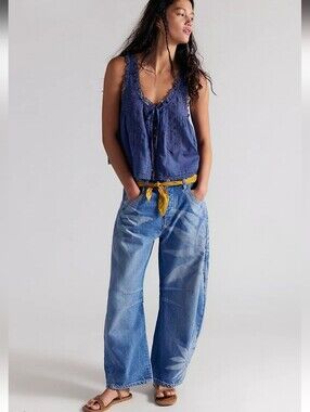 FREE PEOPLE Good Luck We The Free X Revolve Patterned Denim Barrel Jeans 27 NWT